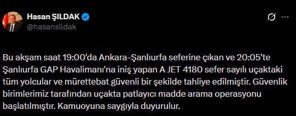Vali Şıldak: "Yolcular ve mürettebat güvenli bir şekilde tahliye edildi"