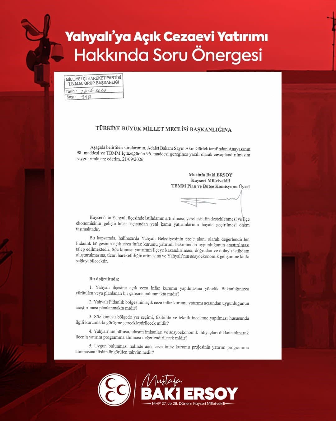 Baki Ersoy’dan Yahyalı’ya açık cezaevi yatırımı için soru önergesi