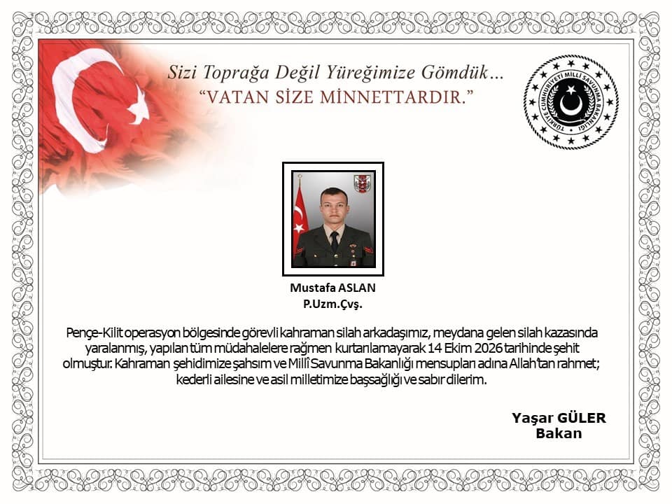 MSB: "Piyade uzman çavuş Mustafa Aslan şehit oldu"