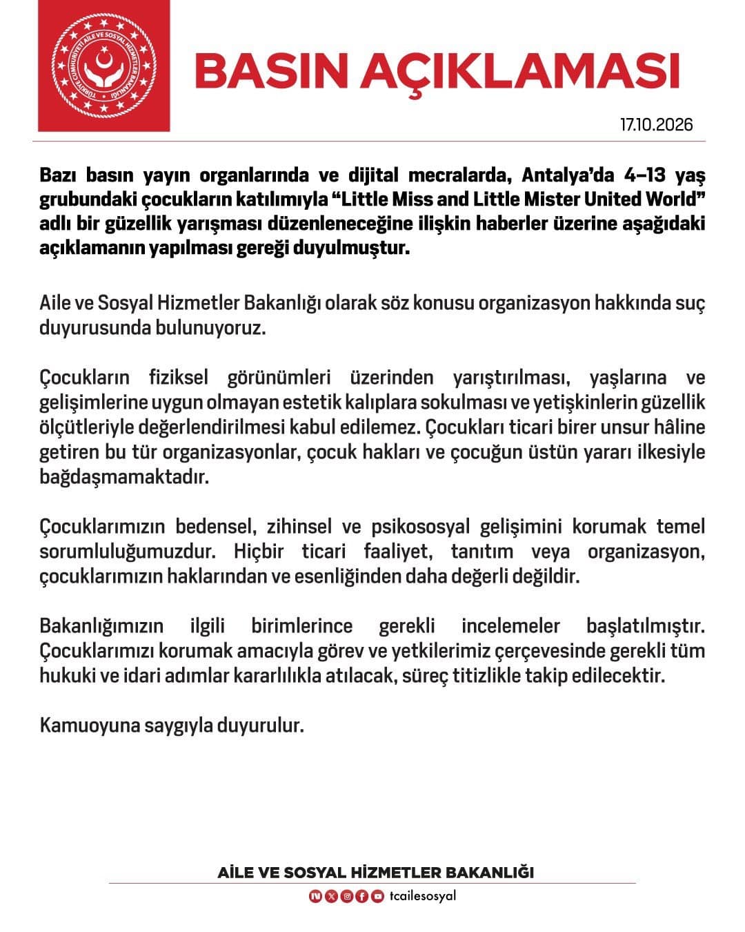 ‘Little Miss and Little Mister United World’ adlı yarışmaya Aile ve Sosyal Hizmetler Bakanlığından suç duyurusu