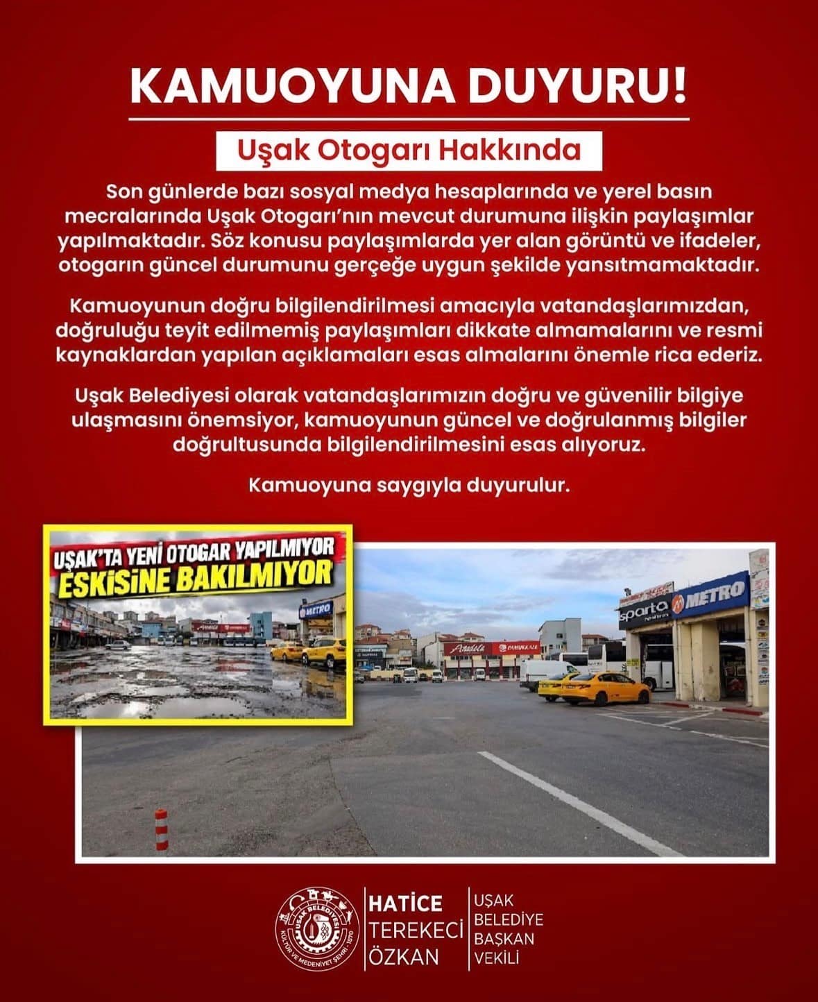 Uşak Belediyesinden otogar açıklaması: Paylaşımlar güncel durumu yansıtmıyor