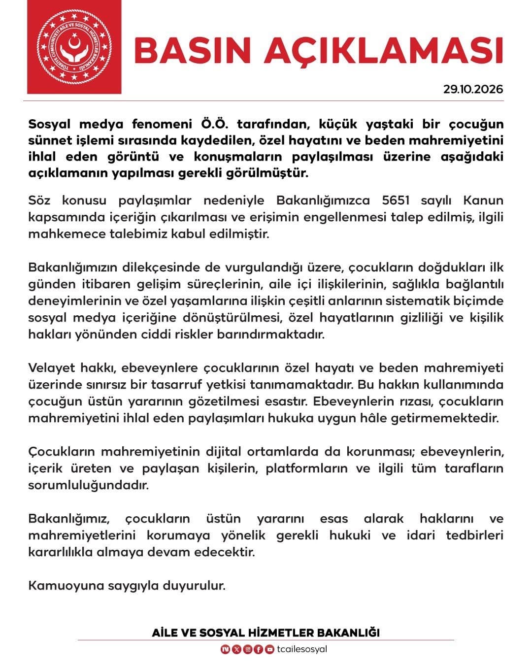 Aile ve Sosyal Hizmetler Bakanlığı: "Çocukların mahremiyetinin dijital ortamlarda da korunması tüm tarafların sorumluluğundadır"