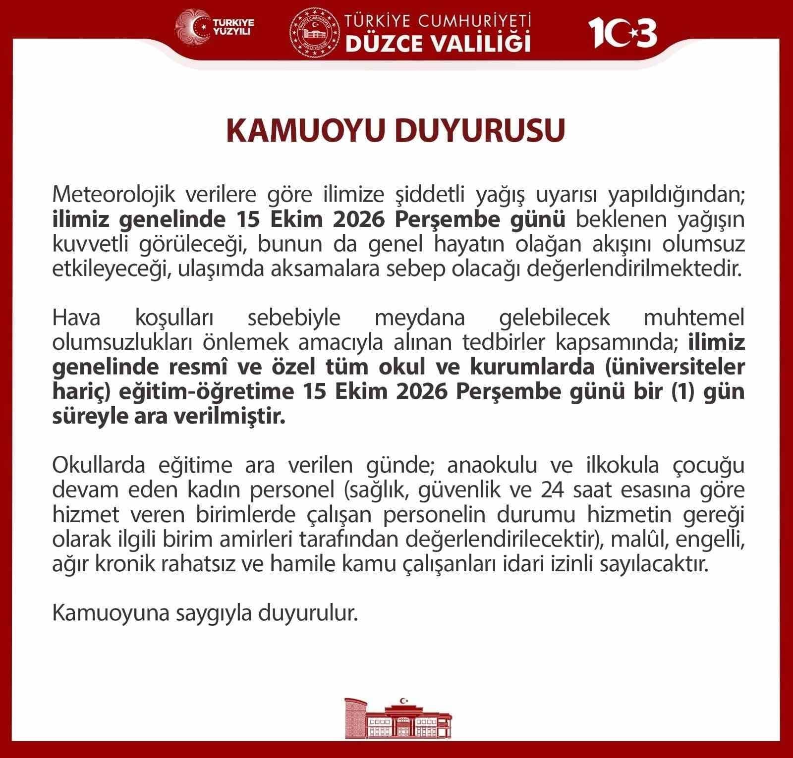Düzce’de eğitime sağanak yağış engeli