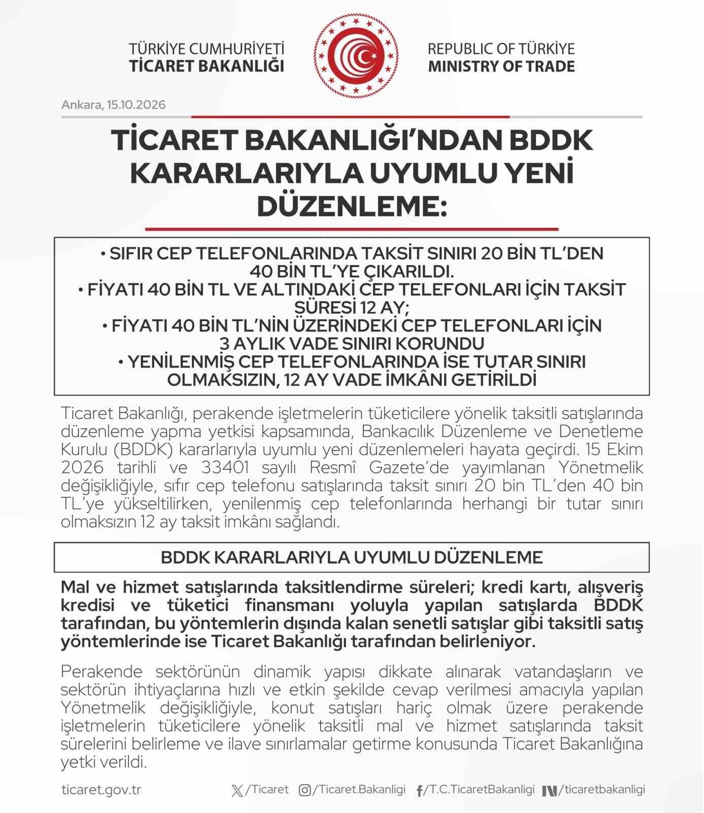 Ticaret Bakanlığı’ndan cep telefonu taksitlerine yeni düzenleme