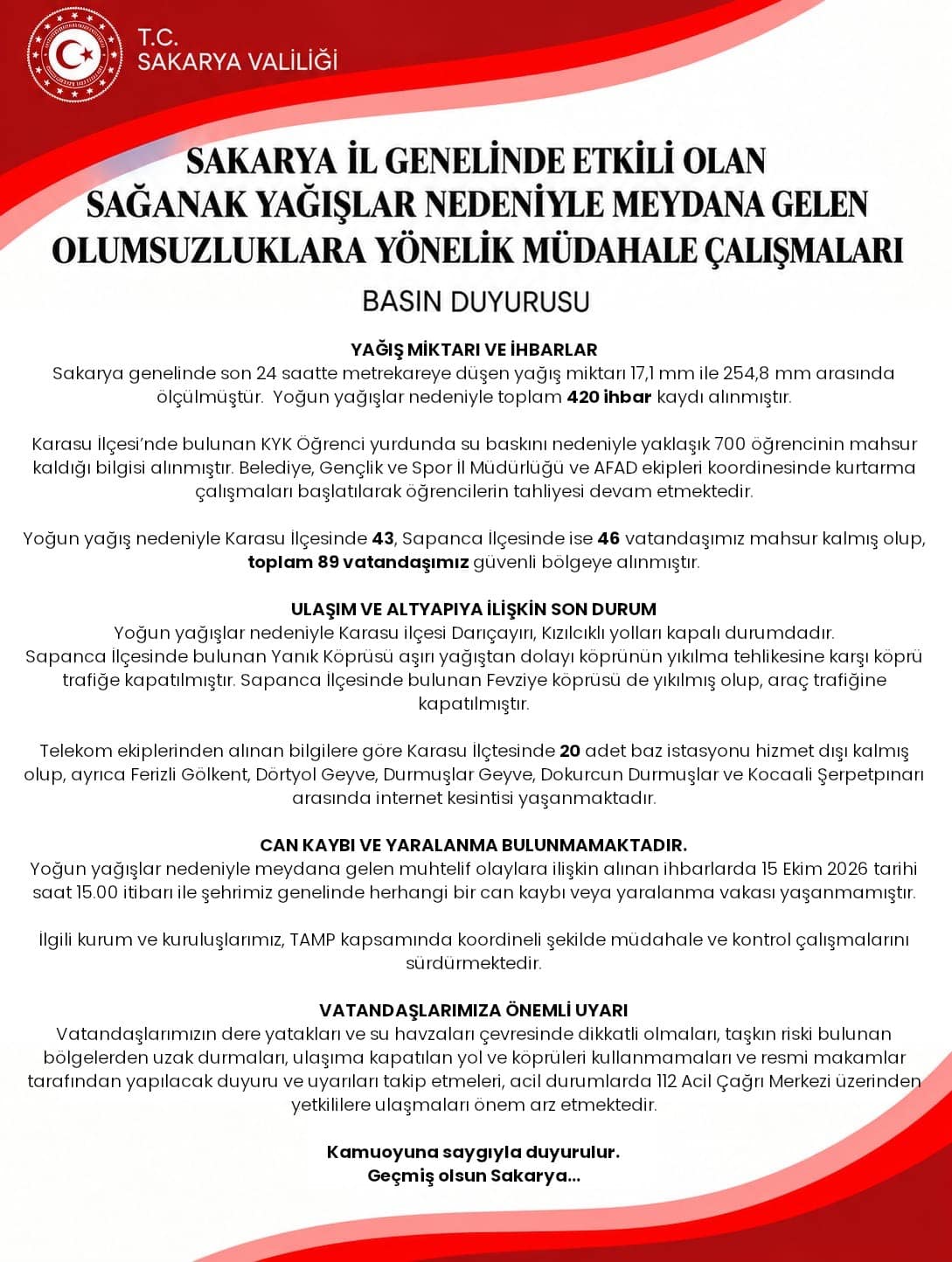 Sakarya Valiliği, kuvvetli yağışın ilk bilançosunu açıkladı