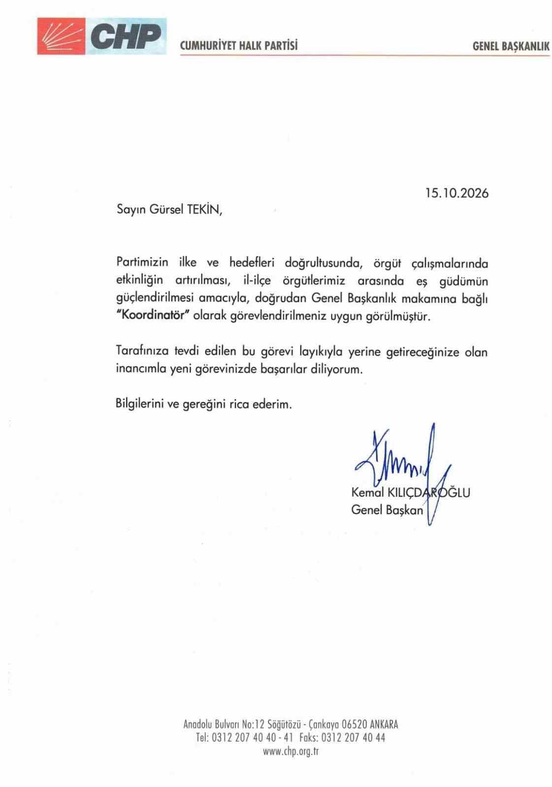 Gürsel Tekin, "Genel Başkanlık Makamına Bağlı Koordinatör" görevine getirildi