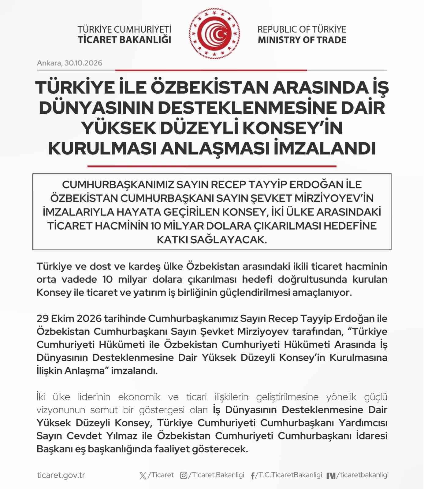 Türkiye-Özbekistan ticaret ve yatırım iş birliğinin güçlendirilmesi için konsey kurulacak